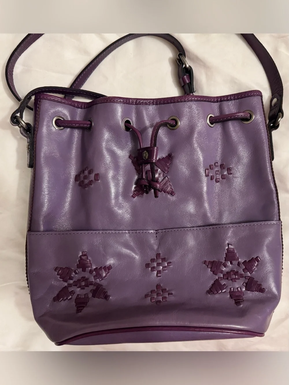 Patricia Nash Hand Tooled Amethyst Leather Bucket Drawstring Handbag